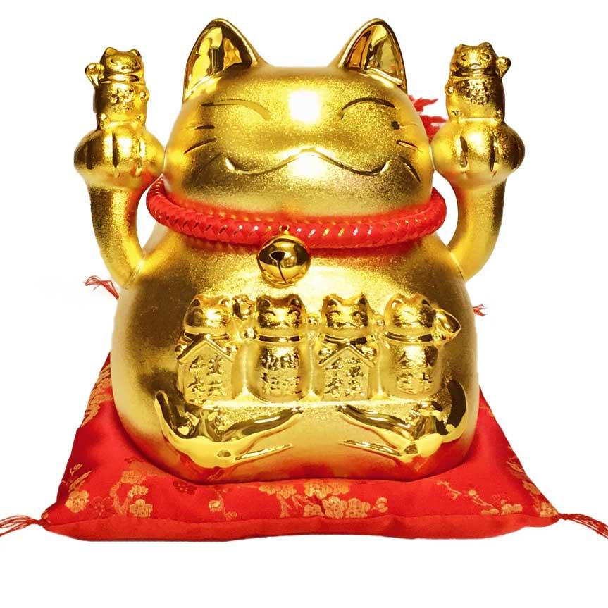 招き猫 置物 金色 ゴールド 縁起物 豪華/ 金運両手招き猫（鈴・赤