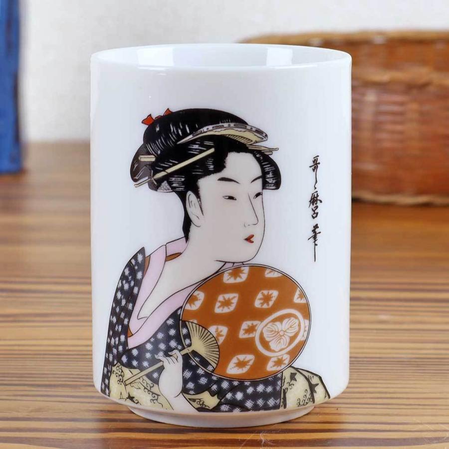 面白湯呑 長湯飲み/ 浮世絵湯呑 女（団扇） /写楽 歌麿 自分用 贈り物