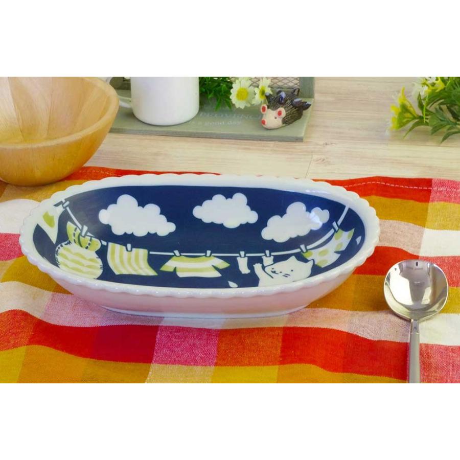 カレー皿 シチュー皿/ ねことお洗濯22.5cm 楕円鉢 /洋食器 猫好き 飾り