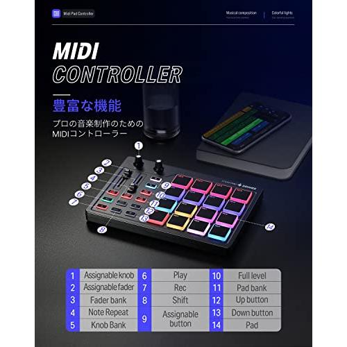 Donner MIDIコントローラー 16パッド USB Type-c 音楽制作 バック 