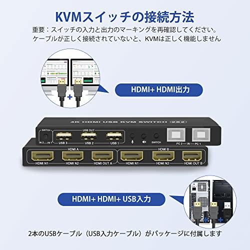 デュアルモニター HDMI KVMスイッチ 2ポート 4K@60Hz 2入力2出力 USB