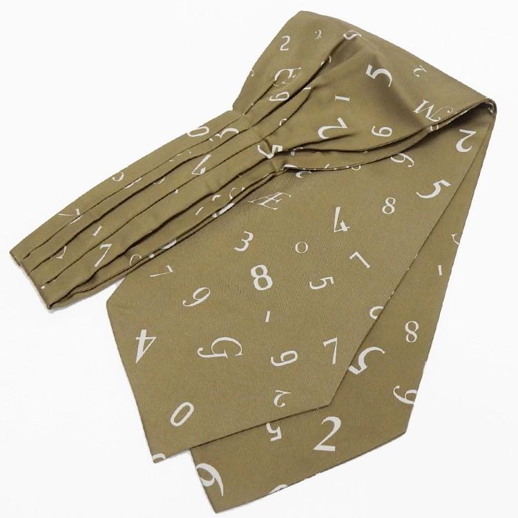 アスコットタイ シルク100 カーキ 白 数字 文字 記号柄プリント カジュアル