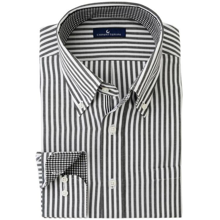 長袖 ワイシャツ 白×グレー ロンドンストライプ ボタンダウン 形態安定