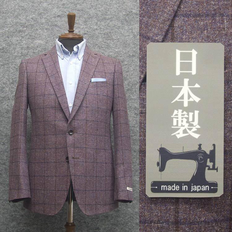 秋冬物ジャケット　シルクウール生地使用　スタイリッシュ２釦　パープル系/大格子　貼りポケット　メンズジャケット　BEV-J07 秋冬物ジャケット シルクウール生地使用 スタイリッシュ2釦 パープル