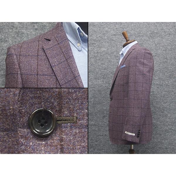 秋冬物ジャケット　シルクウール生地使用　スタイリッシュ２釦　パープル系/大格子　貼りポケット　メンズジャケット　BEV-J07 秋冬物ジャケット シルクウール生地使用 スタイリッシュ2釦 パープル