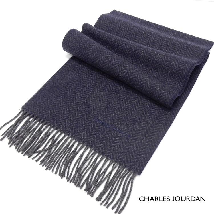 CHARLES JOURDAN イタリア製マフラー 濃紺×灰 ヘリンボーン柄 ウール  