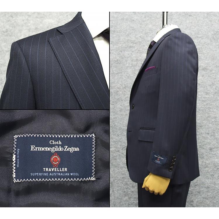 秋冬物 [Ermenegildo Zegna] ゼニア生地 TRAVELLER使用 セミスタイリッシュ2釦スーツ 濃紺/ストライプ  [AB体]  ez9613-13の画像