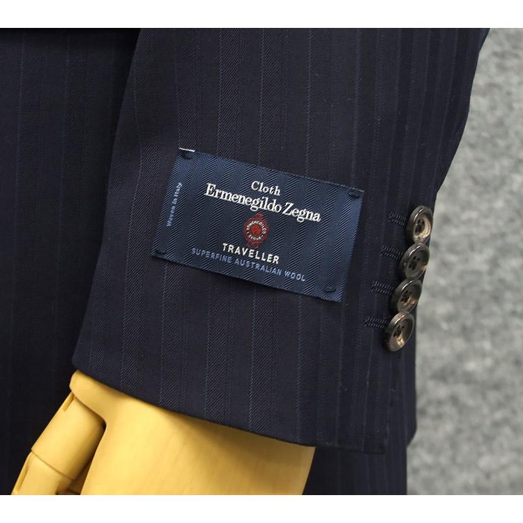 秋冬物 [Ermenegildo Zegna]ゼニア生地 TRAVELLER使用 ベーシック2釦スーツ 紺縞 ロゴ入り裏地 EZR-N07の画像