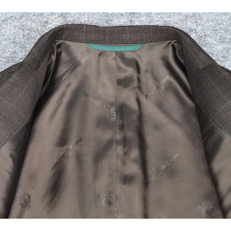 秋冬物 [Ermenegildo Zegna]ゼニア生地 TRAVELLER使用 ベーシック2釦スーツ 茶/格子 ロゴ入り裏地 EZR-N08の画像