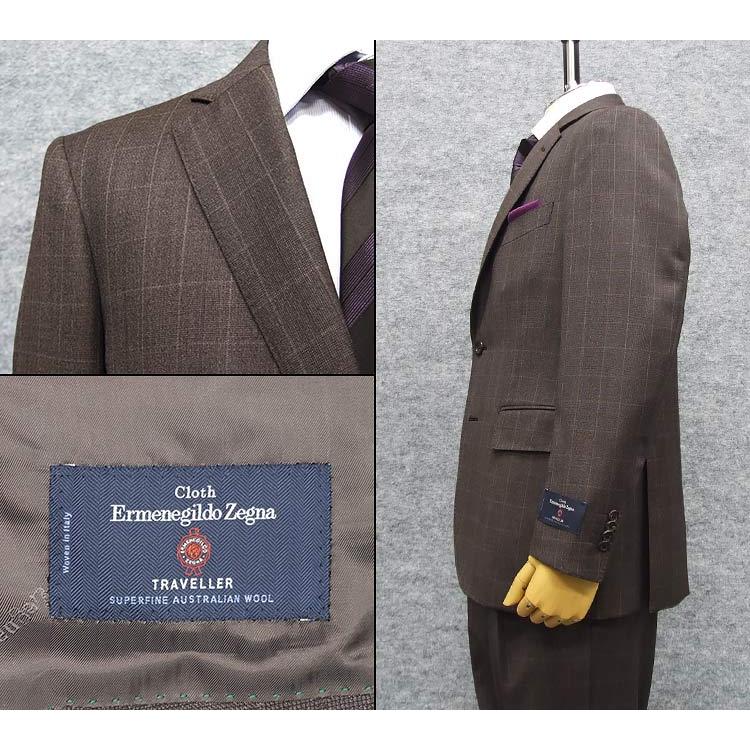 秋冬物 [Ermenegildo Zegna]ゼニア生地 TRAVELLER使用 ベーシック2釦スーツ 茶/格子 ロゴ入り裏地 EZR-N08の画像