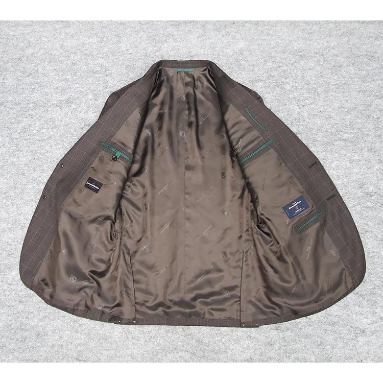 秋冬物 [Ermenegildo Zegna]ゼニア生地 TRAVELLER使用 ベーシック2釦スーツ 茶/格子 ロゴ入り裏地 EZR-N08の画像