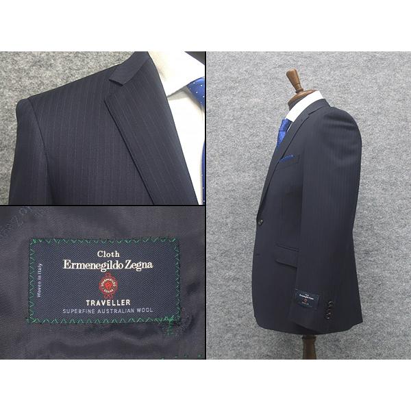 秋冬物　[Ermenegildo Zegna]ゼニア生地　TRAVELLER使用　スタイリッシュ２釦スーツ　[A体][AB体]　濃紺系/ストライプ　ロゴ裏地　EZS12の画像