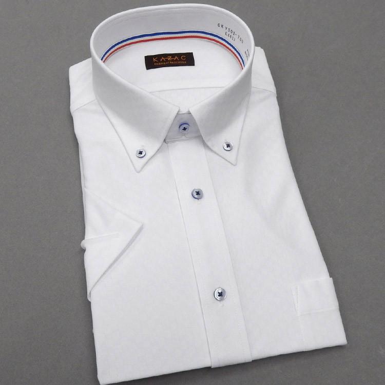 半袖ドレスシャツ KAZAC ボタンダウン 超美品再入荷品質至上 白 独特な店 市松模様ドビー ノーアイロン クールビズ GKY501-700 ニットシャツ