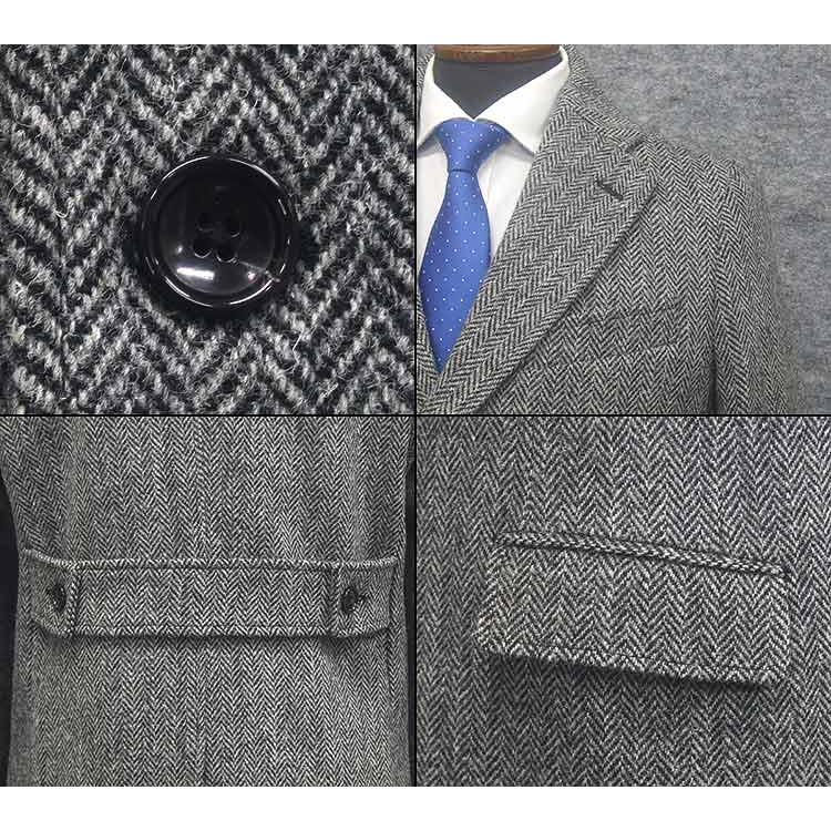 英国生地　[Harris Tweed]ハリスツイード　チェスターコート　薄グレー系ヘリンボーン　シングル3釦　秋冬物　HTC-C19 HARRIS TWEED（ハリスツイード） 英国生地 チェスターコート 薄グレー