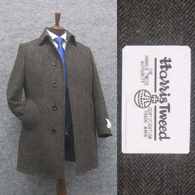 英国生地　[Harris Tweed]ハリスツイード　ステンカラーコート　モスグレー系ヘリンボーン　シングル4釦　秋冬物　HTC-S09 HARRIS TWEED（ハリスツイード） 英国生地 ステンカラーコート