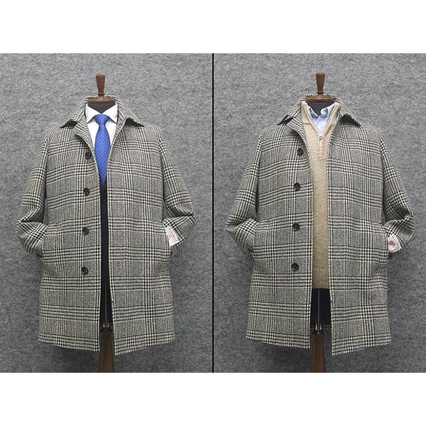 英国生地　[Harris Tweed]ハリスツイード　ステンカラーコート　白紺系チェック　シングル4釦　秋冬物　HTC-S11 HARRIS TWEED（ハリスツイード） 英国生地 ステンカラーコート 白紺系