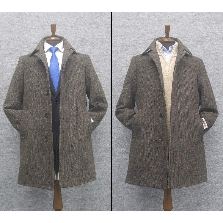 英国生地　[Harris Tweed]ハリスツイード　ステンカラーコート　茶系ヘリンボーン　シングル4釦　秋冬物　HTC-S13 HARRIS TWEED（ハリスツイード） 英国生地 ステンカラーコート 茶系