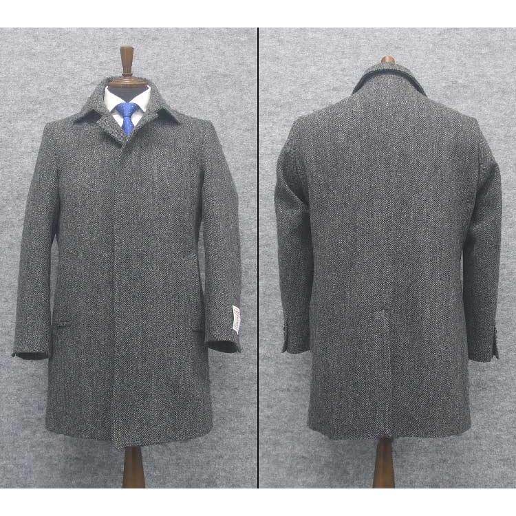 ハリスツィード生地ダッフル風コート(M)濃いグレー系xヘリンボーン織り