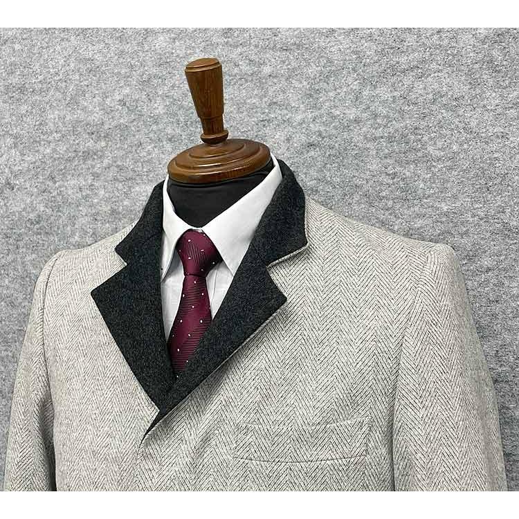 [renoma] レノマHOMME カシミヤ混　デザインスタンドカラー　ウールコート　スタイリッシュ　グレー/ヘリンボーン　メンズ　REC3406-12 renoma] レノマHOMME カシミヤ混 デザインスタンドカラー ウールコート