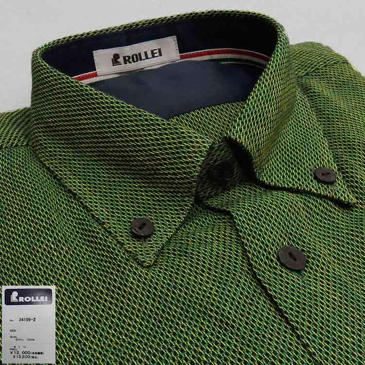 アダルトカジュアルシャツ [ROLLEI] 日本製 長袖 青緑×黄色×黒 網柄