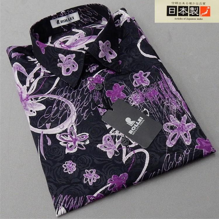 アダルトカジュアルシャツ　[ROLLEI]　日本製　長袖　黒×紫　花柄　デザインシャツ　ROL34264-1｜dxksm466