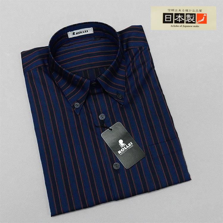 アダルトカジュアルシャツ　[ROLLEI]　日本製　長袖　紺系　ストライプ　綿100％　デザインシャツ　ROL34292-1｜dxksm466