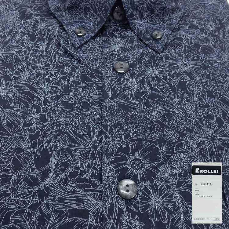 アダルトカジュアルシャツ [ROLLEI] 日本製 長袖 ネイビー系 草花柄 綿