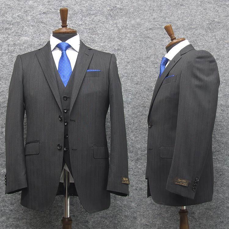 秋冬物 3ピース スタイリッシュ2釦シングルスーツ 濃グレーストライプ