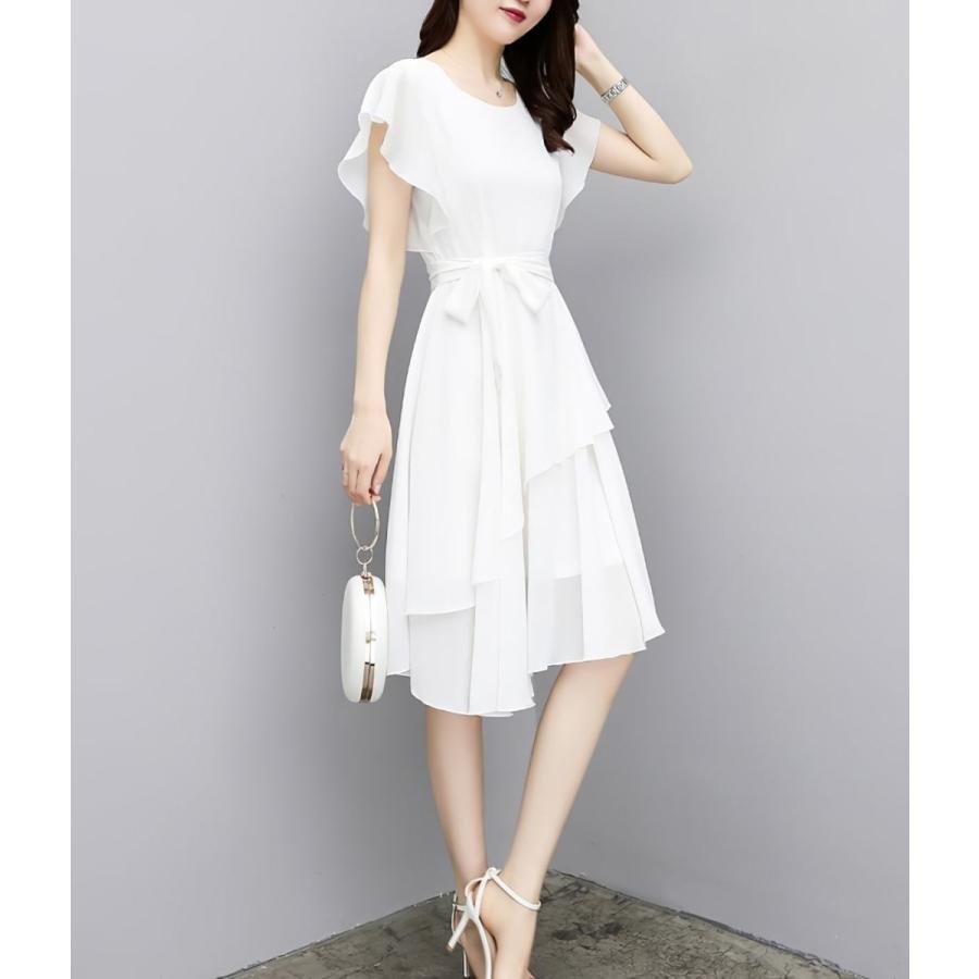 シフォンワンピース アシンメトリー 黒 白 ひざ丈 リボン B4085 ワンピース ドレスのtipstyle 通販 Yahoo ショッピング