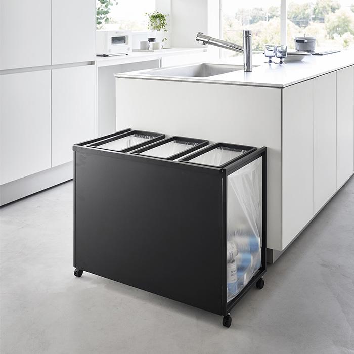 山崎実業タワー 目隠し 分別 ダストワゴン 45L 3分別 ブラック tower ｜ 蓋付き目隠し分別ダストワゴン タワー 45L 3分別 ｜ 山崎実業