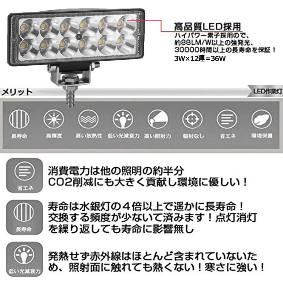 LEDワークライト 作業灯 DC12V/24V兼用 36W 2700ルーメン 6000K ホワイト 狭角30° 角型 12連 単品 1個 30日保証｜e-auto-fun-store｜03