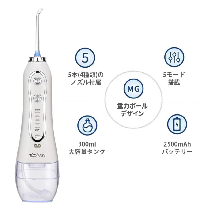 口腔洗浄器 ホワイト ジェットウォッシャー 5つのノズル 5モード搭載 充電式 コードレス h2ofloss HF-2 1年保証 H2Oフロス 口腔洗浄器 ホワイト ジェットウォッシャー 5つのノズル 5