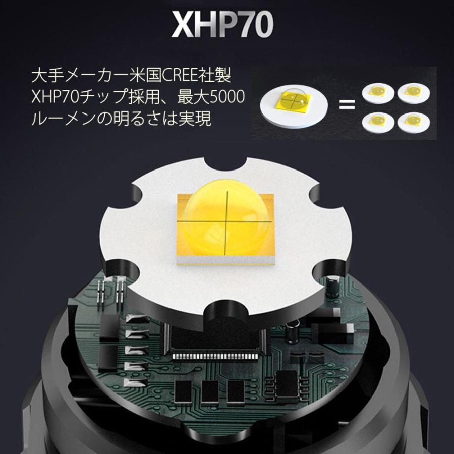 LEDハンディライト 懐中電灯 5000ルーメン ズーム 防水 CREE社XHP70チップ 26650リチウム充電池 乾電池対応 残量表示 1年保証｜e-auto-fun-store｜08