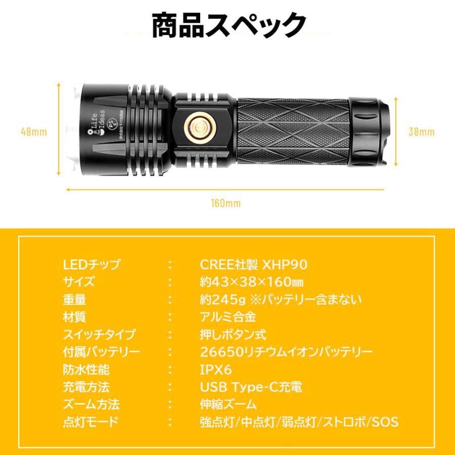 Rakuten バッテリー２本付属 超明るいP90チップ 搭載 LED 9000LM 懐中電灯