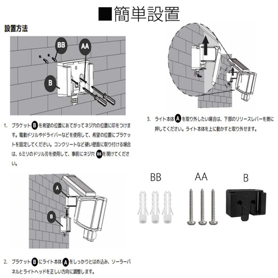 LED人感センサーライト ソーラー充電 ガーデンライト LED265連 ホワイト発光 リモコン付属 壁掛け式 防水 IP65 1年保証｜e-auto-fun-store｜10