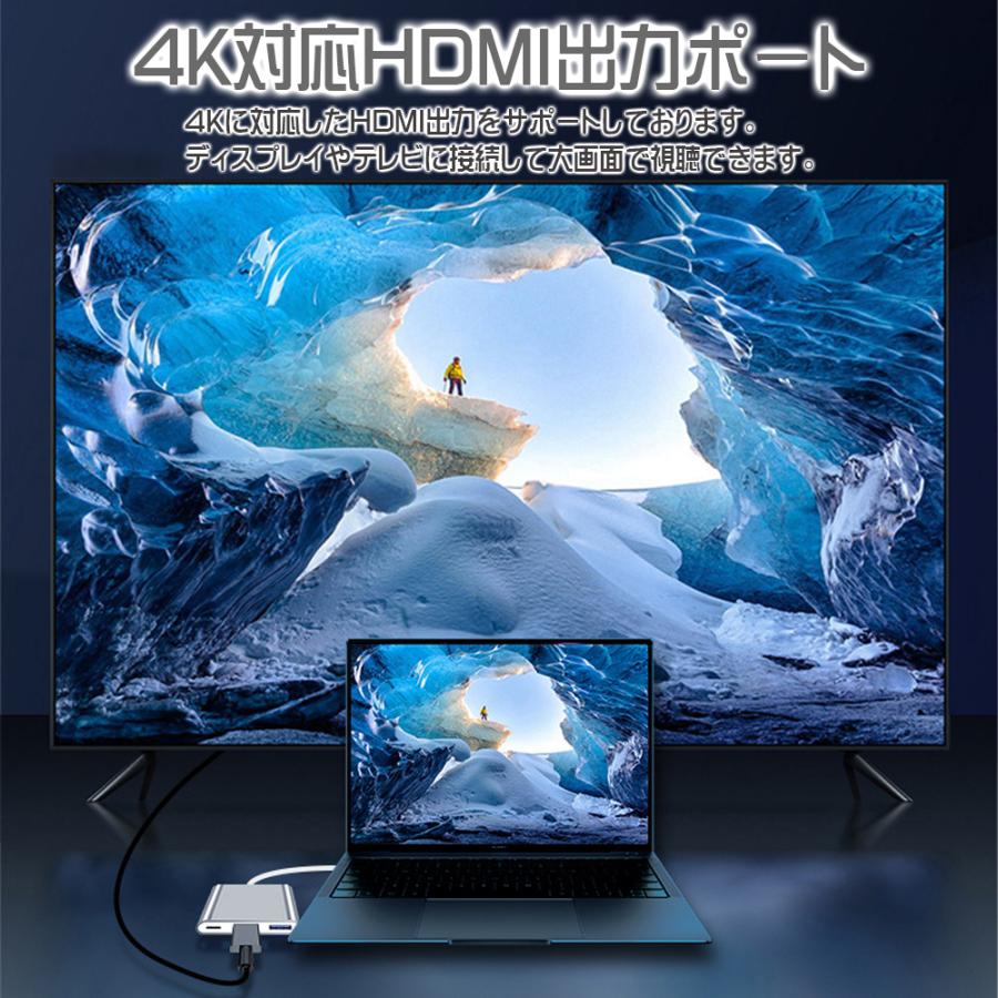 USBハブ シルバー Type-C 3in1 PD100W対応 4K対応HDMIポート USB3.0ポート 90日保証[M便 1/3]｜e-auto-fun-store｜05