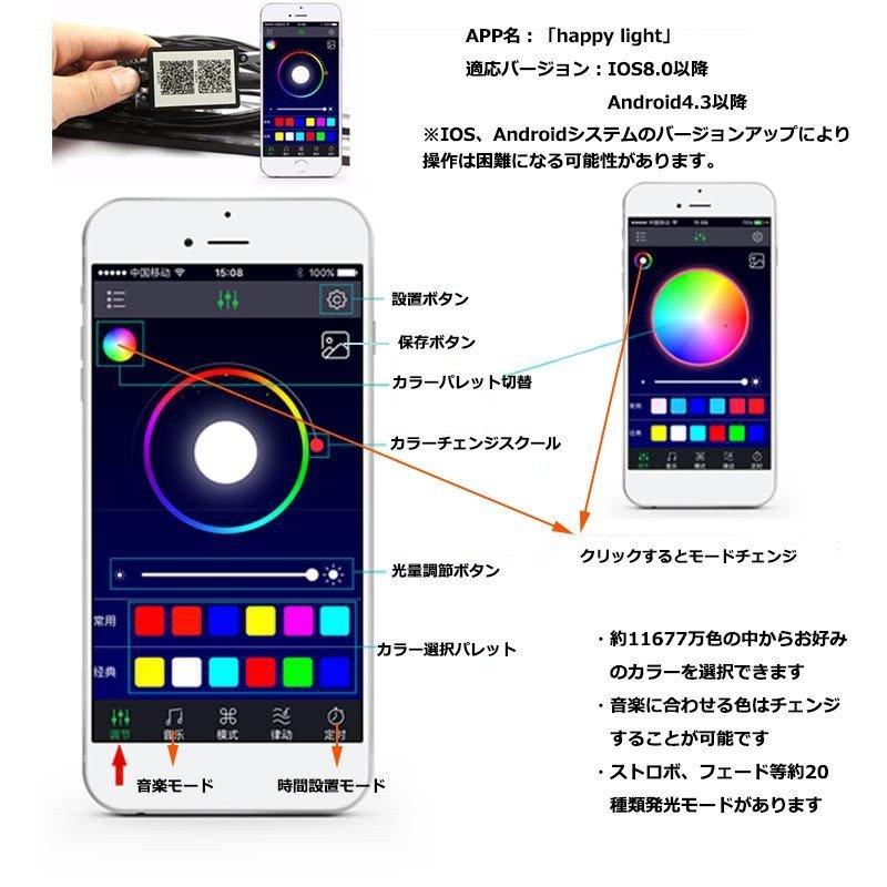 LEDテープライト フットランプキット RGB フルカラー スマホ操作 音楽連動 22cm 防水 ブルートゥース iOS/android対応 90日保証｜e-auto-fun-store｜04