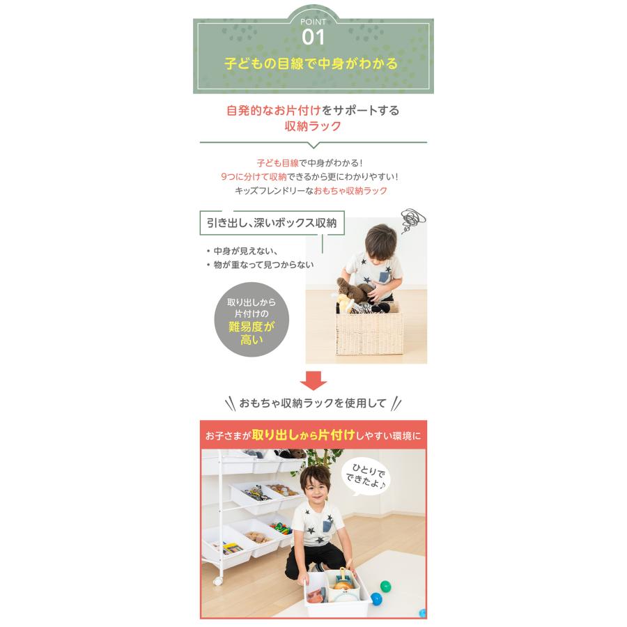 1人でお片付けできる！ロングユース おもちゃ収納ラックキャスター付き