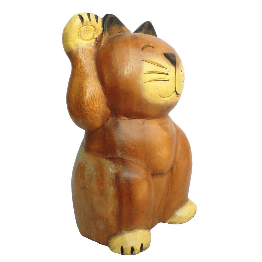 招き猫　可愛い木彫りのお願い猫ちゃん　アンティーク 木彫り招き猫