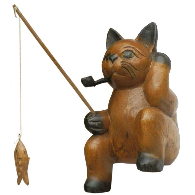 【アンティーク】猫の魚釣り 木彫 ビンテージ 木彫り アジアン雑貨 ねこの木彫り 魚釣りのおじさん猫(大)7 : アジア