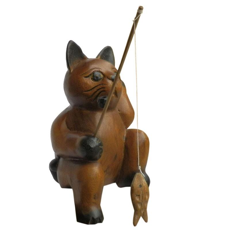 木彫り アジアン雑貨 ねこの木彫り 魚釣りのおじさん猫(大)7 : アジア