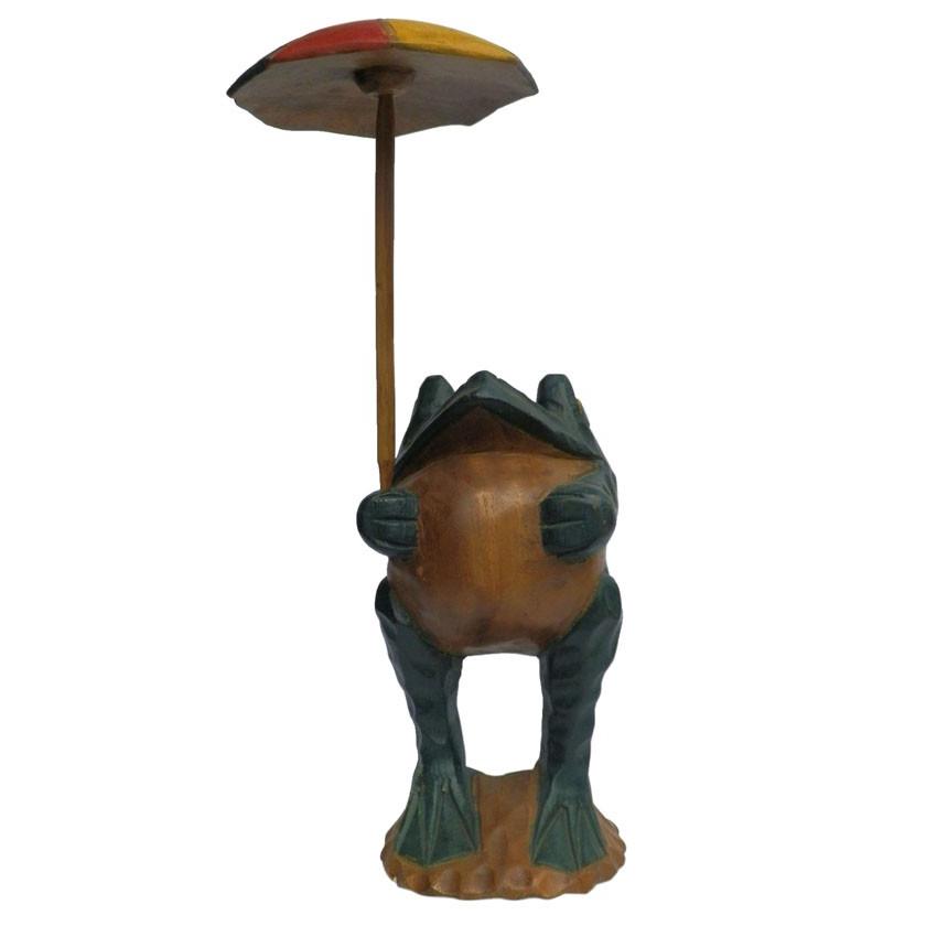超可爱 木彫り アジアン雑貨 傘持ちカエルの木彫り8 オブジェ、置き物 - raffles.mn
