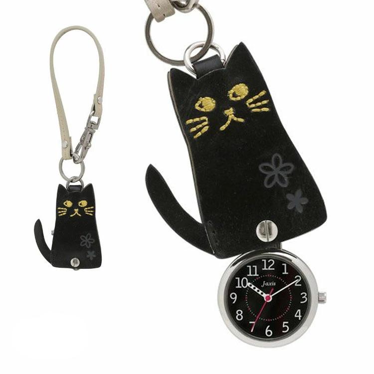 ☆時計と黒猫が素敵なシマシマ猫ちゃんピアス☆ J-AXIS（ジェイアクシス） フックストラップ時計 スライド式 ポケット