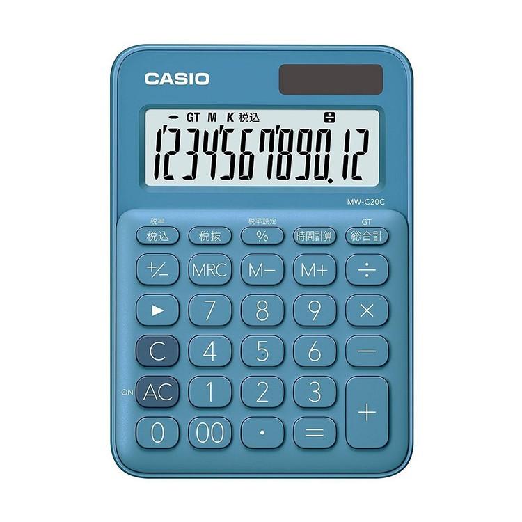 ミニジャスト型カラフル電卓 MW-C20C-BU-N カシオ CASIO レイクブルー 青 緑 12桁表示 税計算 時間計算 2電源 ソーラー 電卓 | CITIZEN | 01