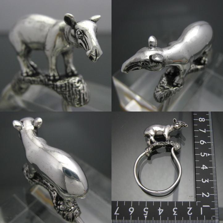 銀の獏、マレーバクキーリング　シルバー925　SV925(キーホルダー、キーチェーン、鍵、タピルス、Tapirus indicus、動物)【key-056-K16】の画像