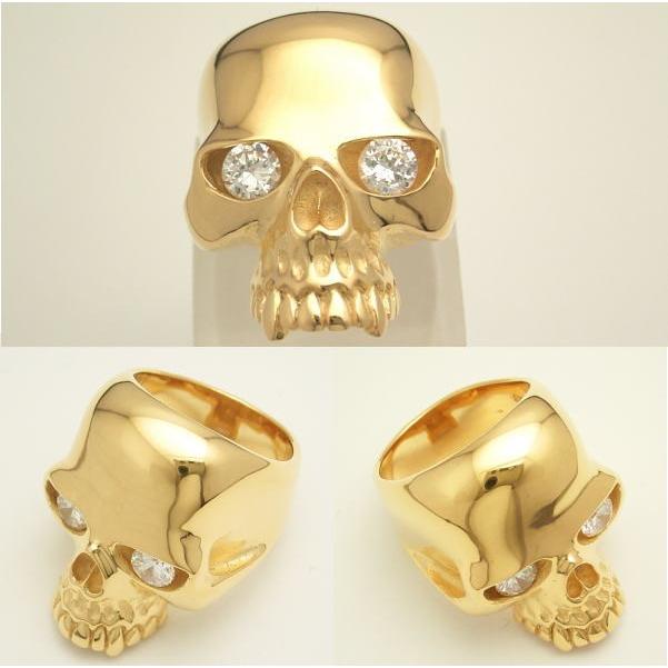 18金ゴールドメッキ CZアイキーススカルリング シルバー925 ジルコニア