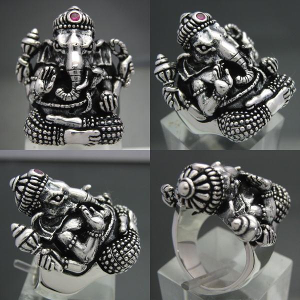 歓喜天、ガネーシャリング シンセチックルビー シルバー925(ヒンズー教,仏教,インド,エスニック)【ring-575-R49】の画像