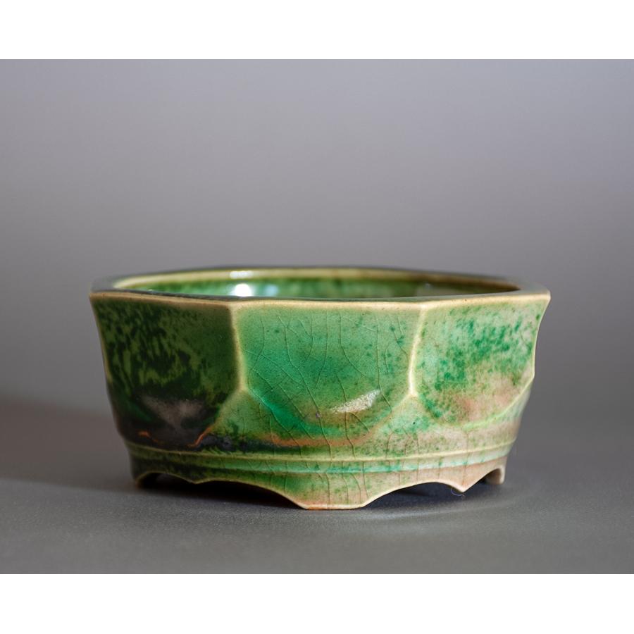 小品盆栽植木鉢 盆栽鉢 織部釉八角盆栽鉢 小品盆栽鉢 小さな盆栽鉢 p1079 : e-盆栽