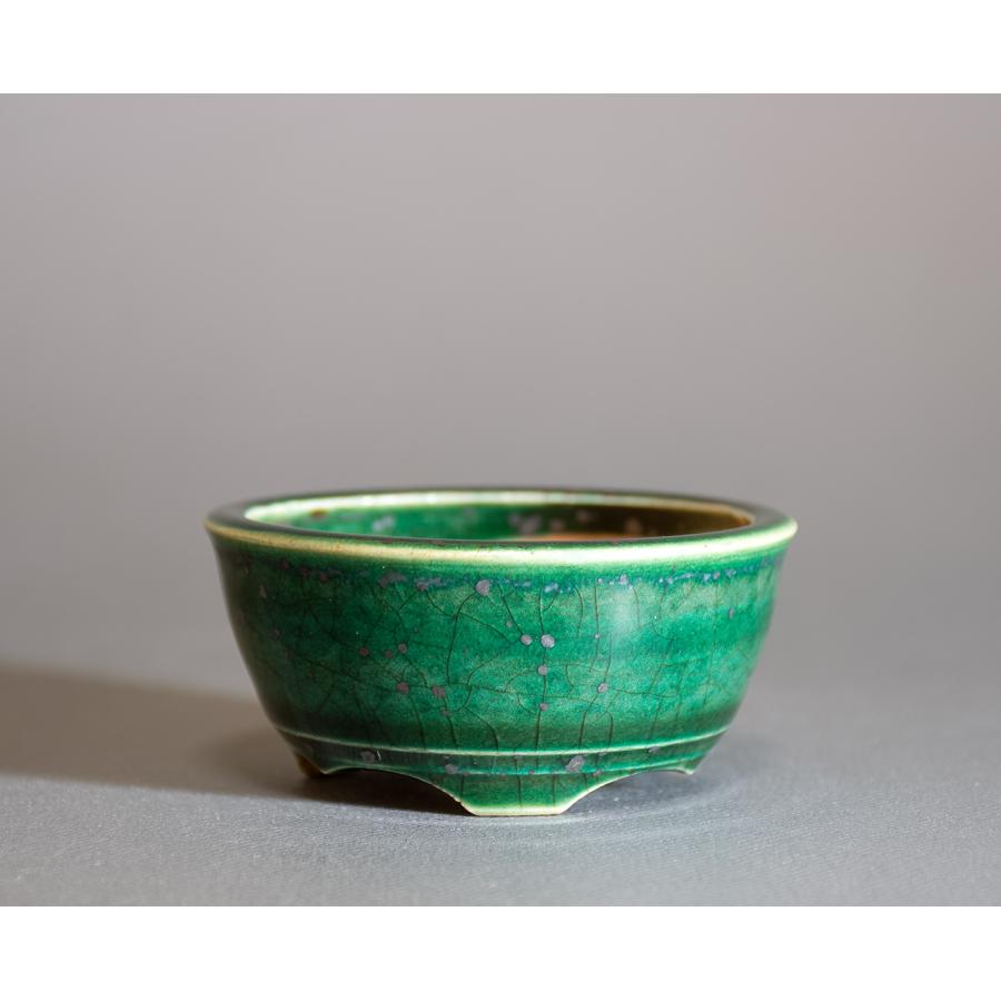 盆栽鉢　超美品時代陶翠緑釉正方雲足ミニ盆栽鉢 ミニ盆栽鉢 織部釉 丸盆栽鉢 小さな盆栽鉢 國井正子盆栽鉢 盆栽鉢作家