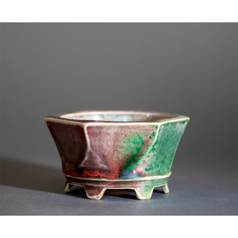 ミニ盆栽鉢　織部釉 六角盆栽鉢　小さな盆栽鉢　國井正子盆栽鉢　盆栽鉢作家　p1335 | 